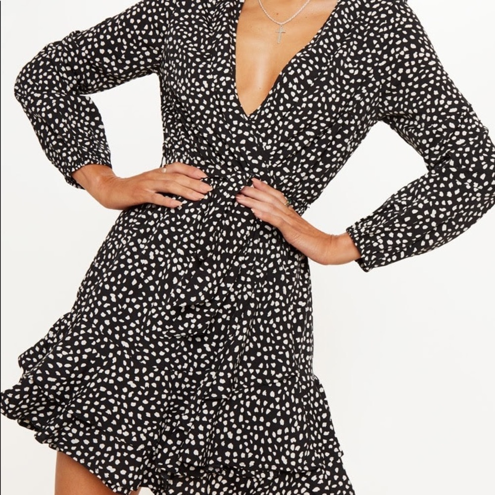 Black Dalmatian Print Wrap Long Sleeve Tea Dress